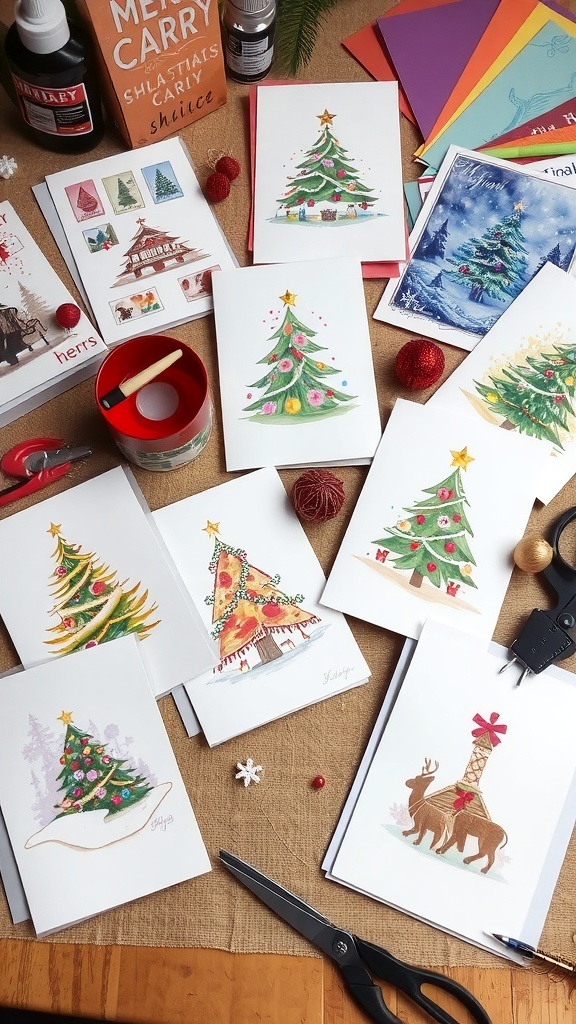 A collection of unique DIY Christmas cards with stamps, watercolor designs, and pop-up elements on a crafting table.
